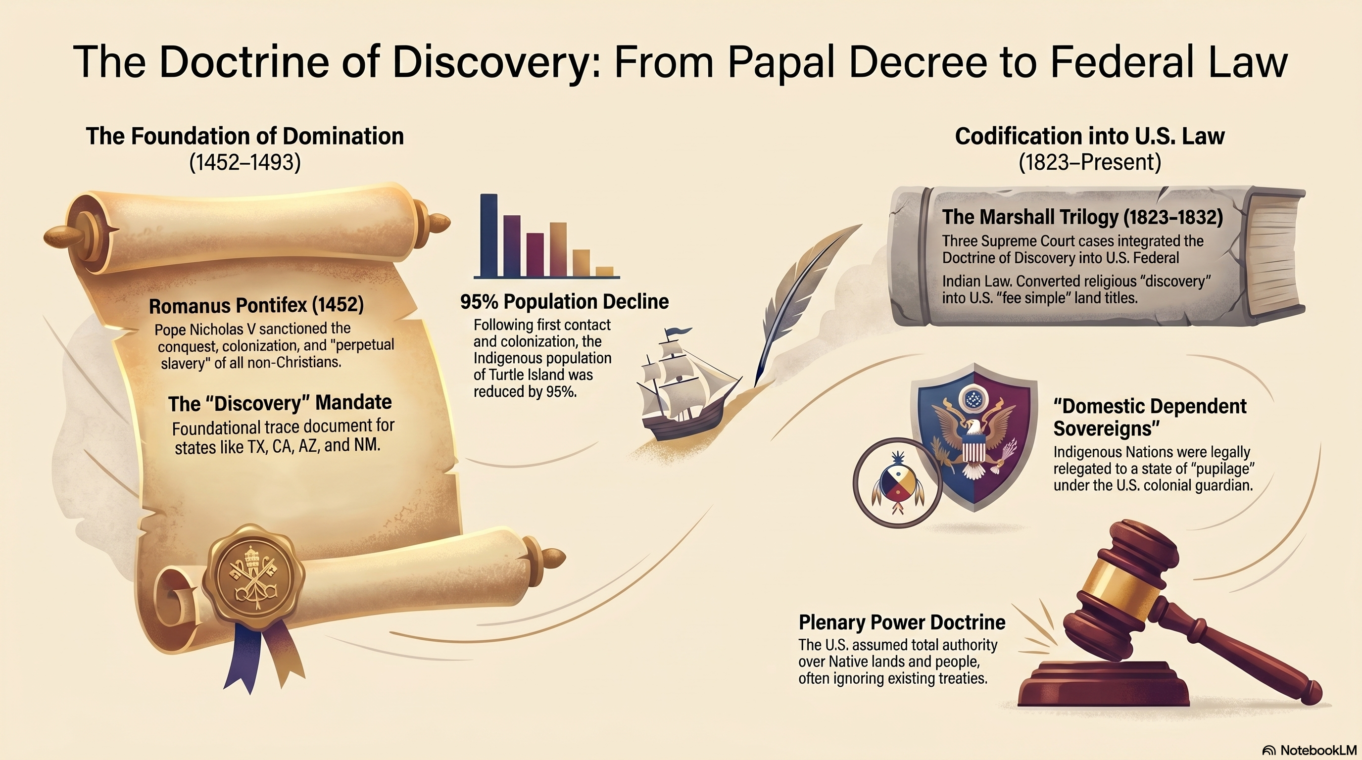 The Doctrine of Discovery: From Papal Decree to Federal Law — infographic tracing Romanus Pontifex (1452) and the 95% population decline through the Marshall Trilogy, domestic dependent sovereigns, and the plenary power doctrine