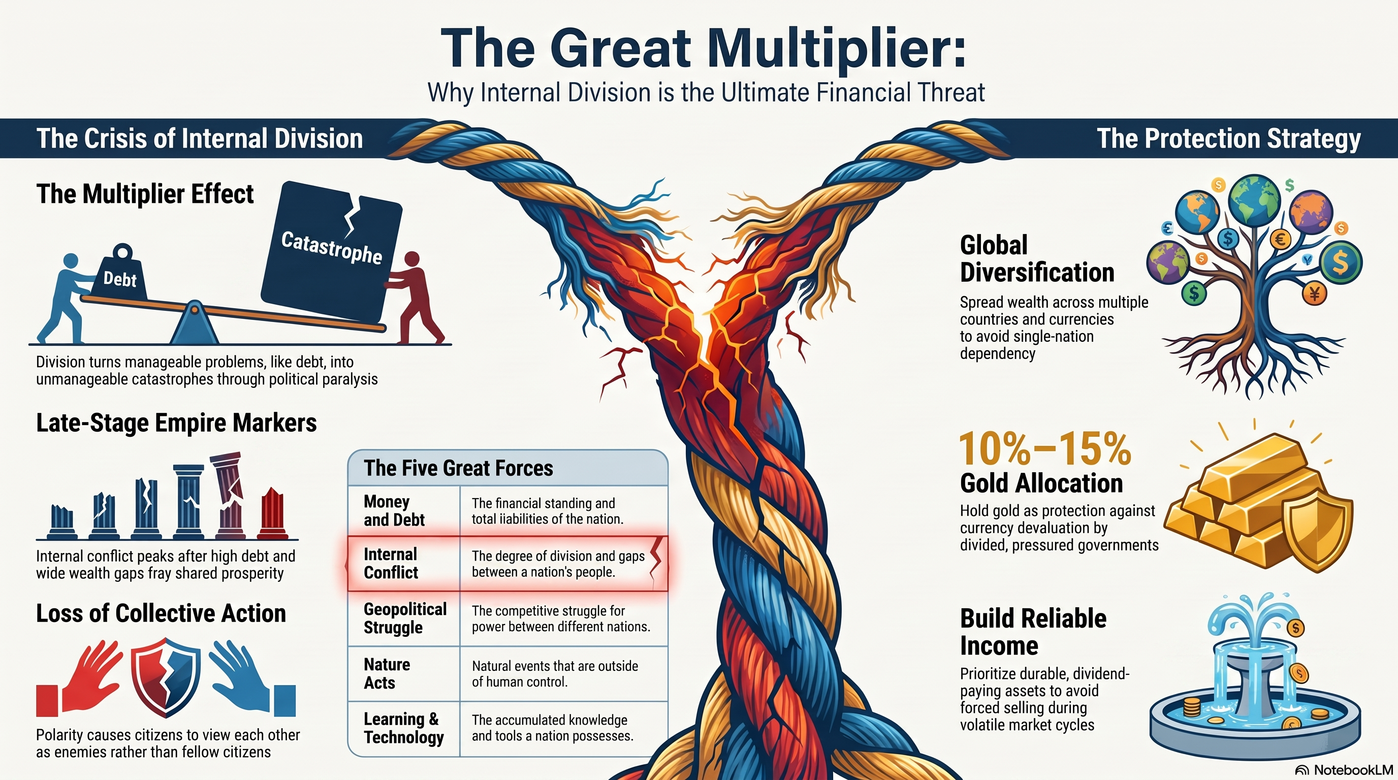 The Great Multiplier: Why Internal Division Is the Ultimate Financial Threat — infographic showing the crisis of internal division, the five great forces, and the protection strategy