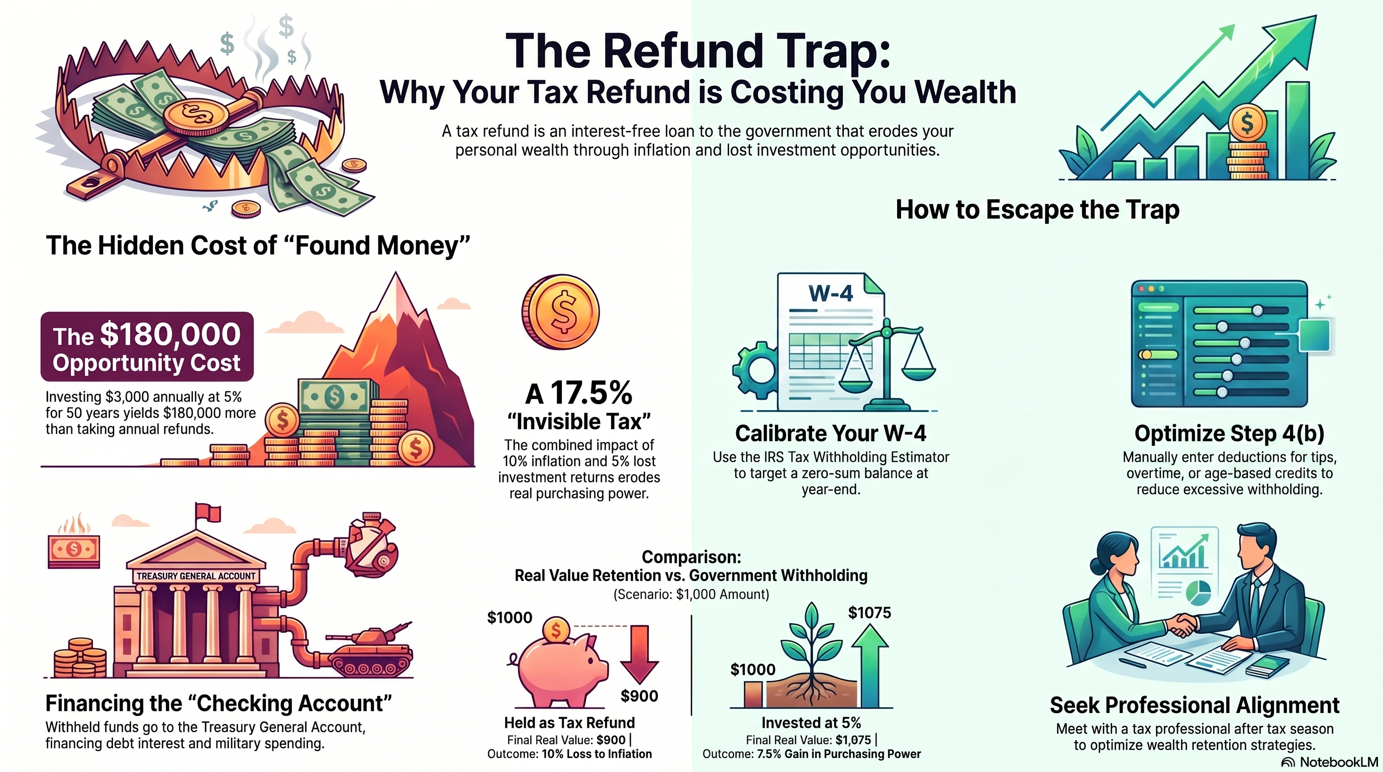 The Tax Refund Wealth Trap — infographic on how overwithholding surrenders wealth through inflation erosion and lost compound growth